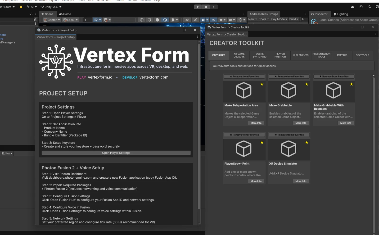 Vertex Form Project Setup and Creator Toolkit in the Unity Editor