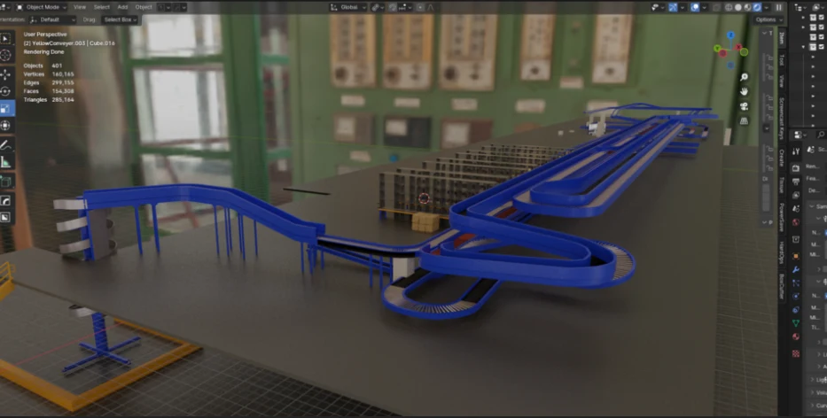 Conveyor facility digital twin being developed in Blender