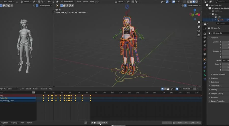 Character rig and animation timeline in Blender