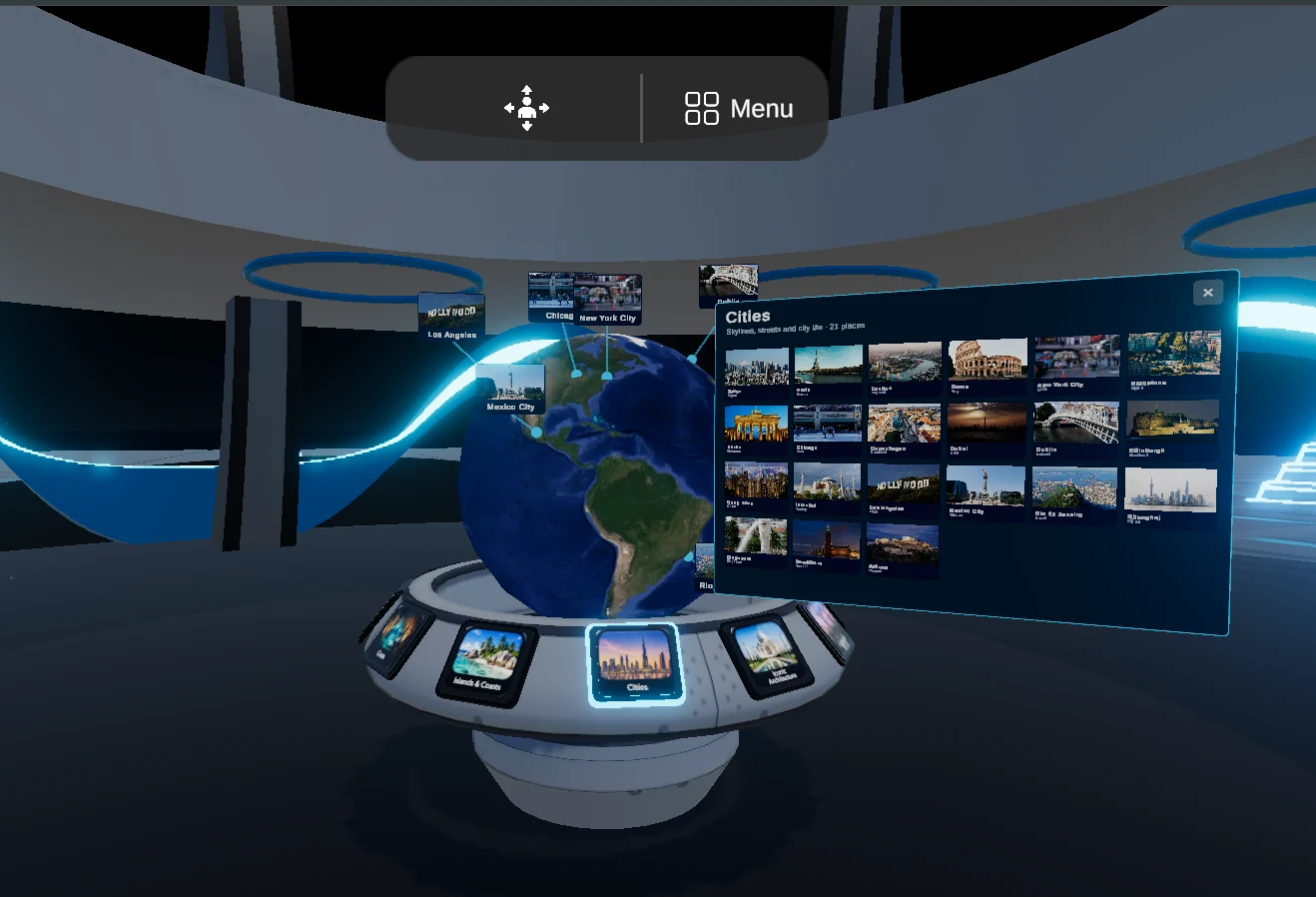 World Expo globe with city collections and destination previews
