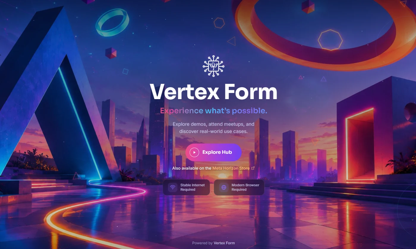 Vertex Form immersive technology hub with colorful geometric architecture