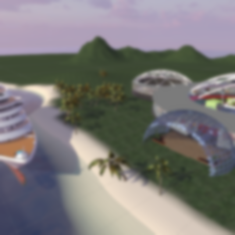 The Main Expo Hall, distinguished by its tropical island and cruise ship theme, showcases a vast expo space. The cruise ship element was sourced from Unity's asset store, while the landscape was crafted using Unity's terrain tool. The Expo Hall itself was expertly designed in Blender.